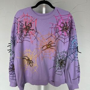 Queen of Sparkles Purple Spider Web Halloween Sweatshirt - Size L